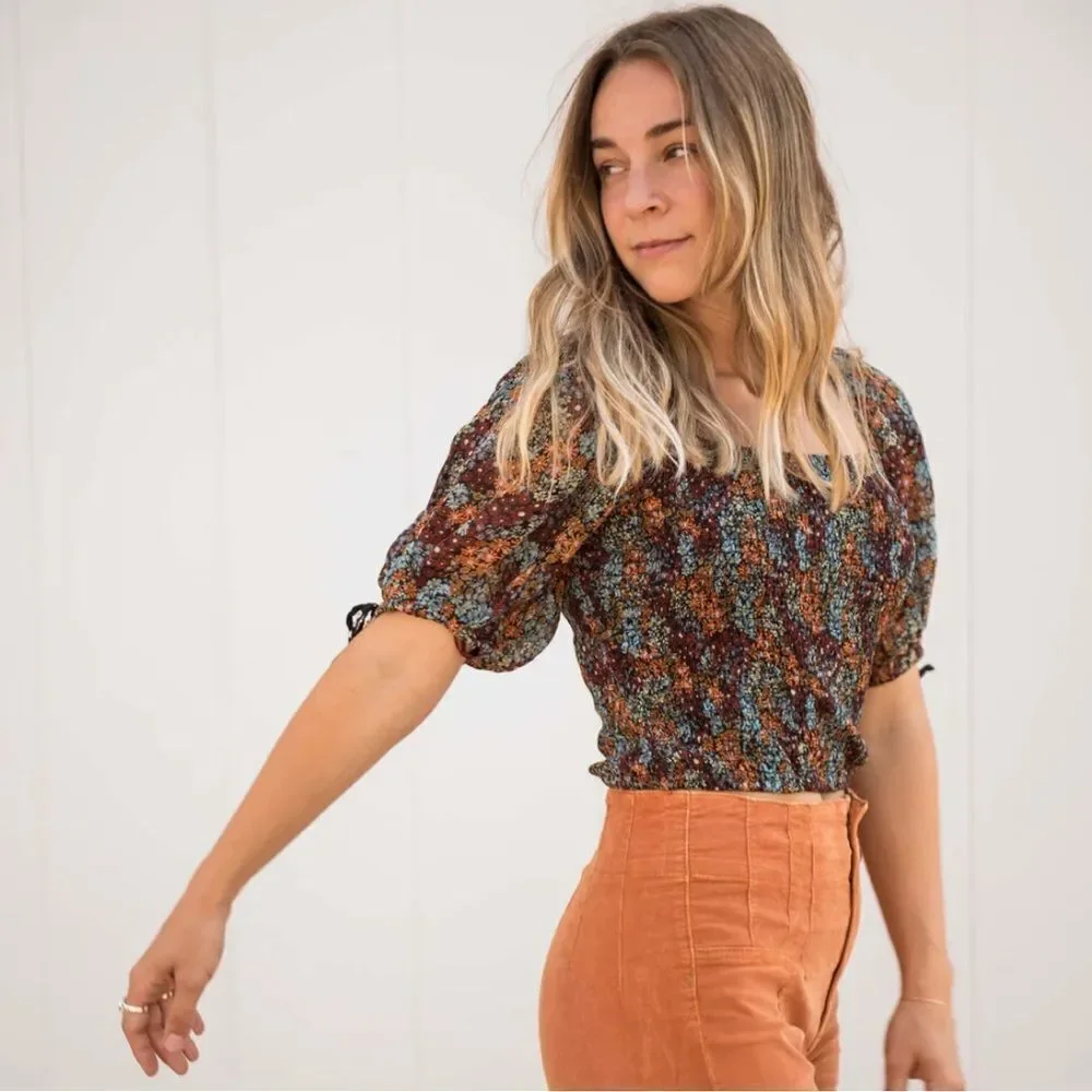 NWT Free People Back on Top Floral Square Neck Puff Sleeve Earthy Cropped S